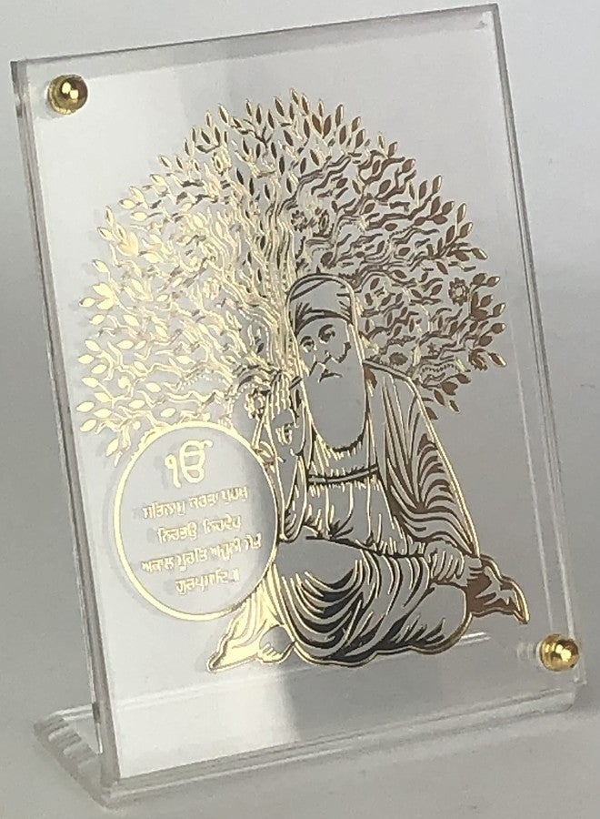 shree kreations Gold Plated Tree of Life Gurunanak Ji's Frames Showpiece on Acrylic Stand for Car Dashboard, Home, Office Table. 9.5 cm X 7.5 cm, Rectangular, Tabletop - Image 2